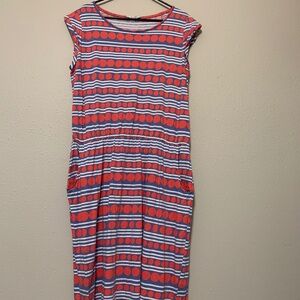 Boden Casual Dress Women Size 14L Stripe Dot Blue Coral Sleeveless with pockets